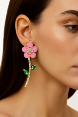 Floral Crystal Stem Dangler Earrings for Women & Girls, Enamel Flower with Rhinestone Stem and Green Leaf Accents, Party & Ethnic Wear