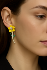 Floral Crystal Stem Dangler Earrings for Women & Girls, Enamel Flower with Rhinestone Stem and Green Leaf Accents, Party & Ethnic Wear