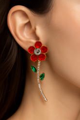 Floral Crystal Stem Dangler Earrings for Women & Girls, Enamel Flower with Rhinestone Stem and Green Leaf Accents, Party & Ethnic Wear