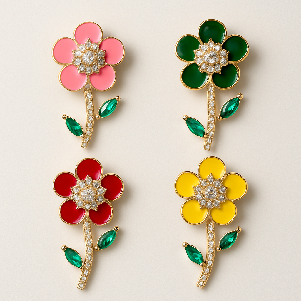 Floral Crystal Stem Dangler Earrings for Women & Girls, Enamel Flower with Rhinestone Stem and Green Leaf Accents, Party & Ethnic Wear