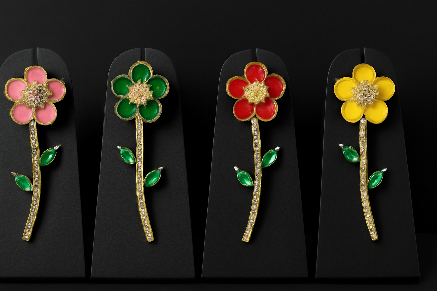 Floral Crystal Stem Dangler Earrings for Women & Girls, Enamel Flower with Rhinestone Stem and Green Leaf Accents, Party & Ethnic Wear
