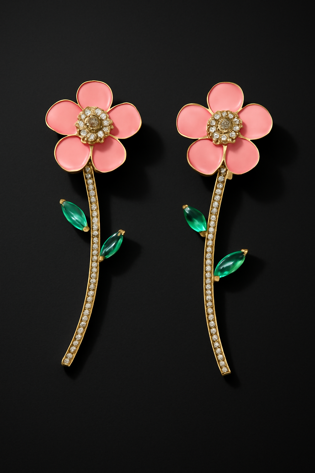 Floral Crystal Stem Dangler Earrings for Women & Girls, Enamel Flower with Rhinestone Stem and Green Leaf Accents, Party & Ethnic Wear