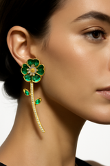 Floral Crystal Stem Dangler Earrings for Women & Girls, Enamel Flower with Rhinestone Stem and Green Leaf Accents, Party & Ethnic Wear