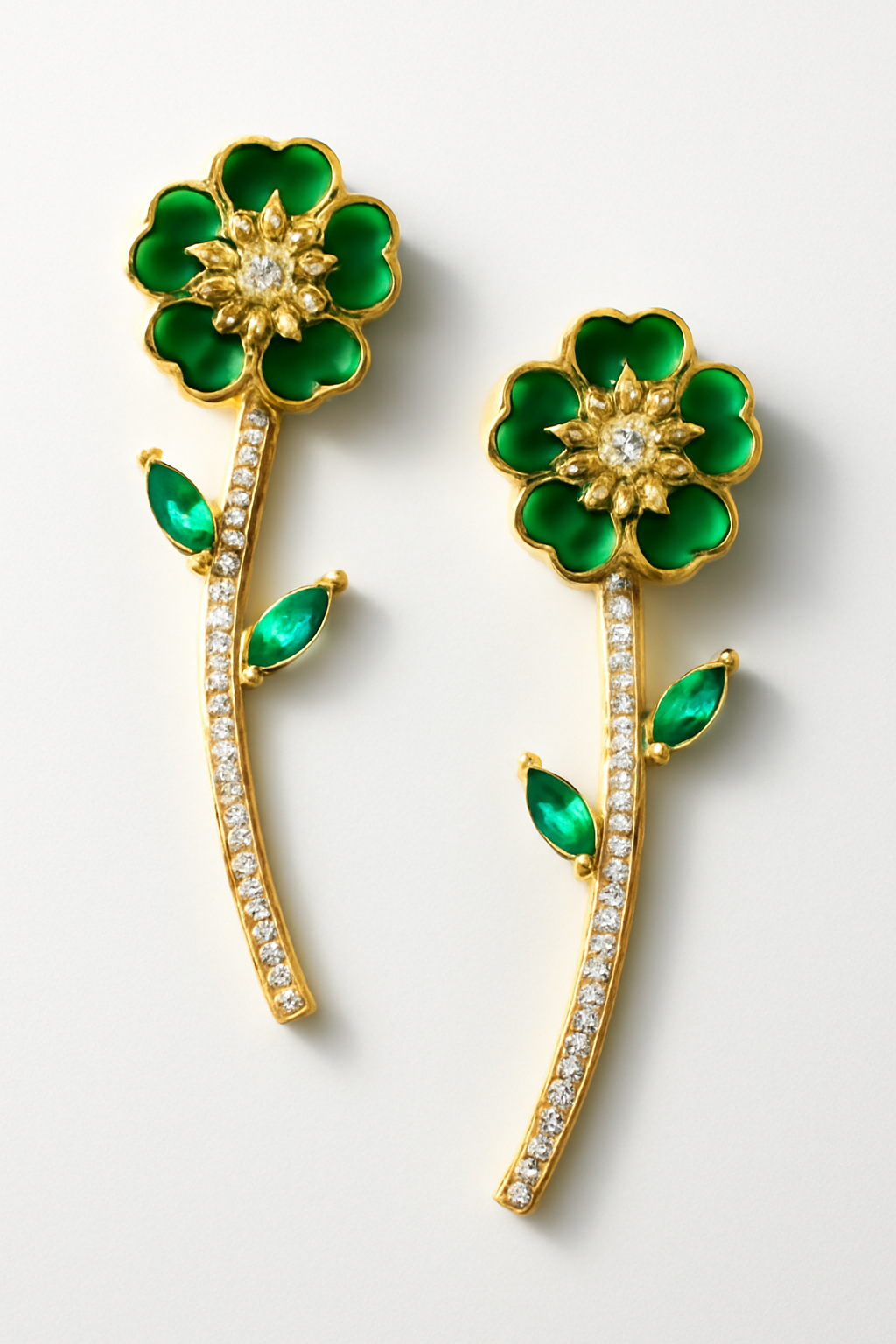 Floral Crystal Stem Dangler Earrings for Women & Girls, Enamel Flower with Rhinestone Stem and Green Leaf Accents, Party & Ethnic Wear
