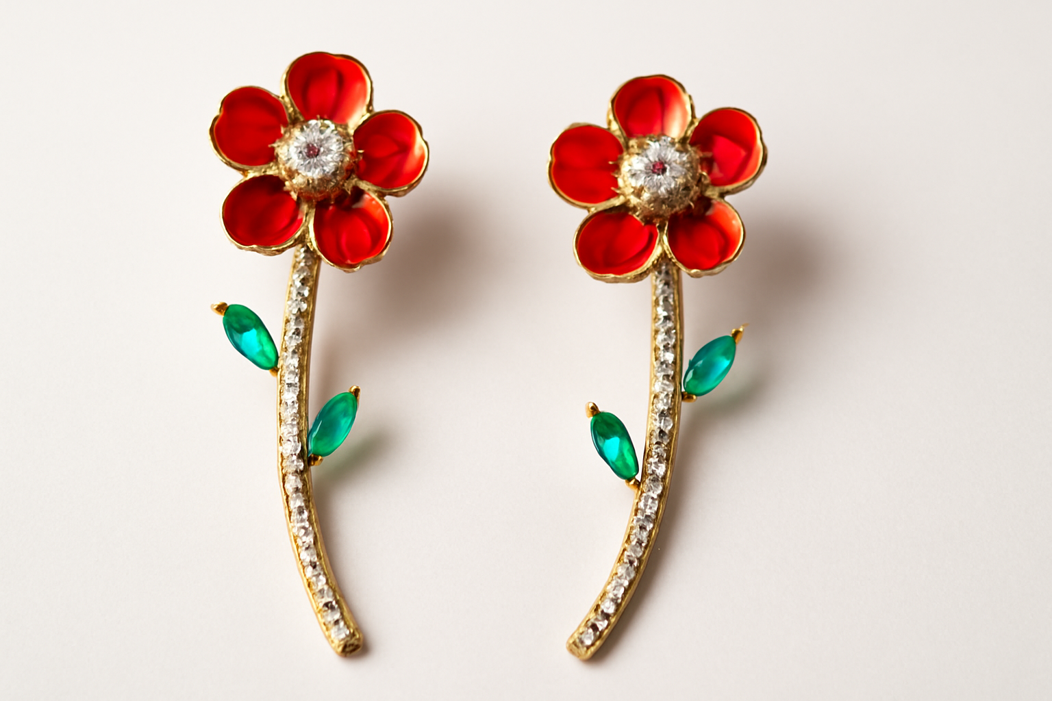 Floral Crystal Stem Dangler Earrings for Women & Girls, Enamel Flower with Rhinestone Stem and Green Leaf Accents, Party & Ethnic Wear